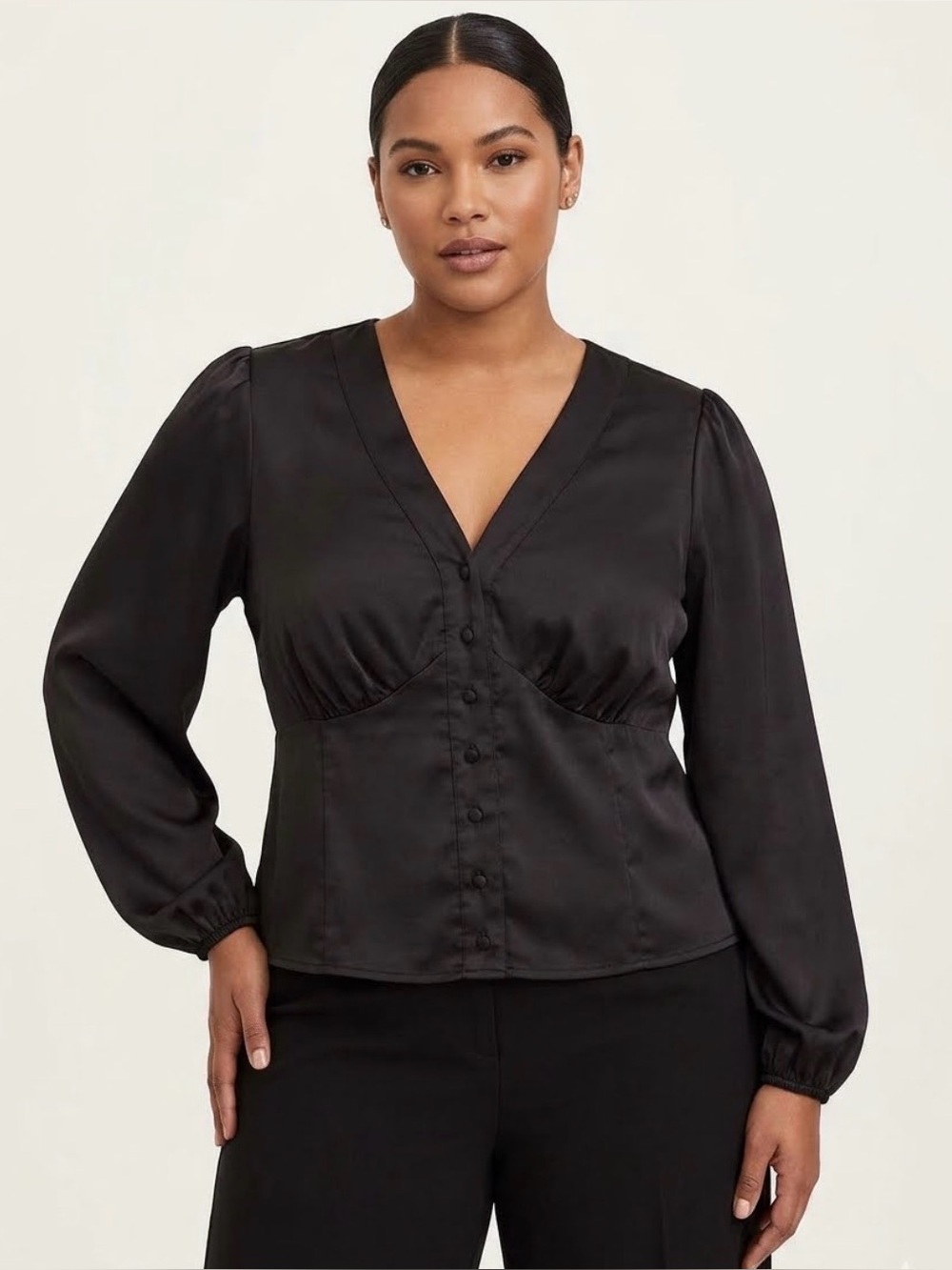torrid Black Satin V-Neck Button Front Long Sleeve Blouse